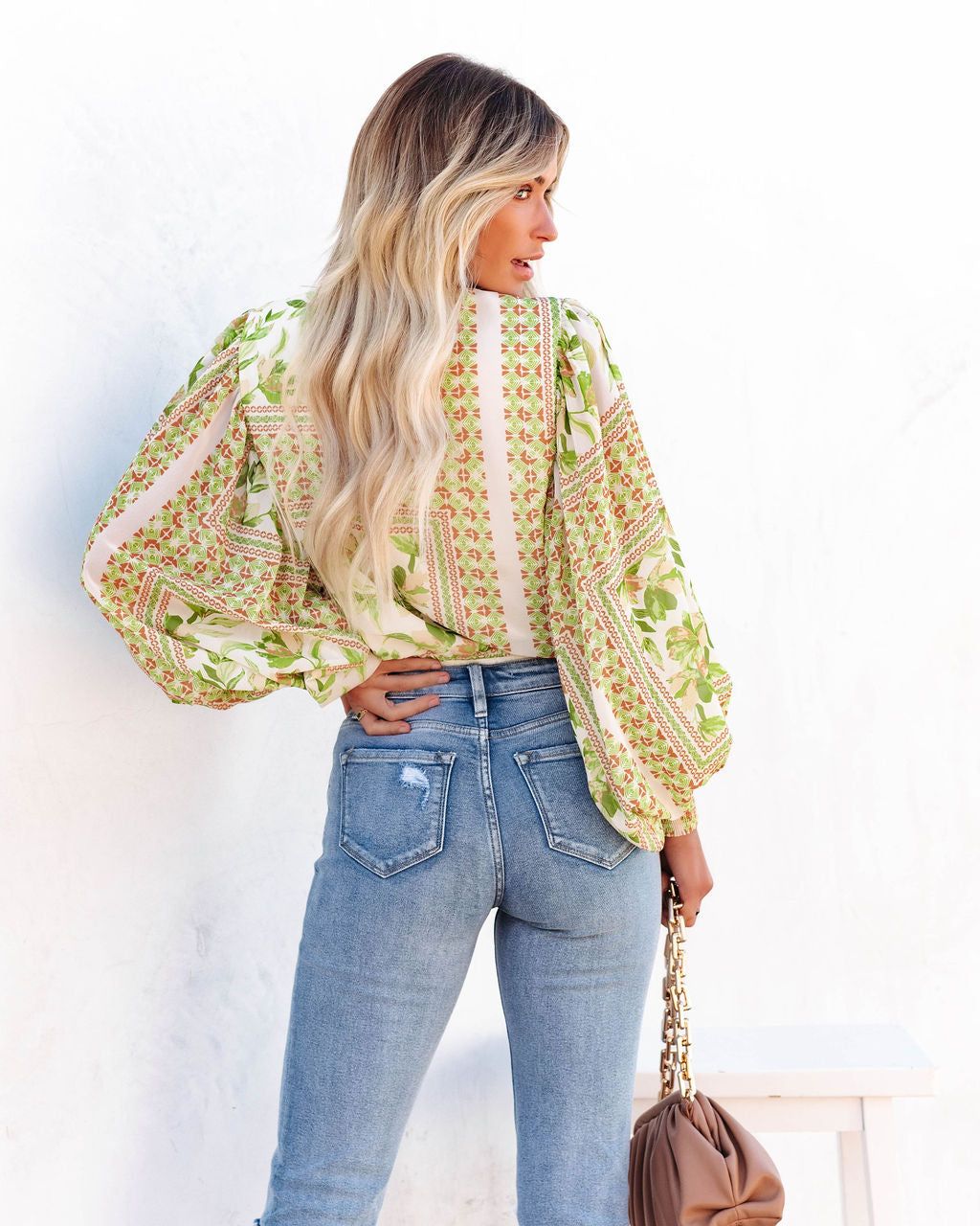 Dayana Printed Drape Bodysuit - Ivory Green - FINAL SALE sold by Vici product image thumbnail 2