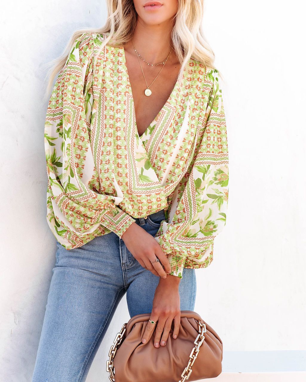 Dayana Printed Drape Bodysuit - Ivory Green - FINAL SALE sold by Vici product image thumbnail 3