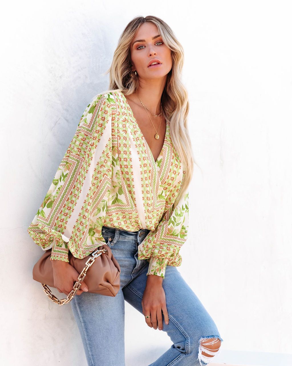 Dayana Printed Drape Bodysuit - Ivory Green - FINAL SALE sold by Vici