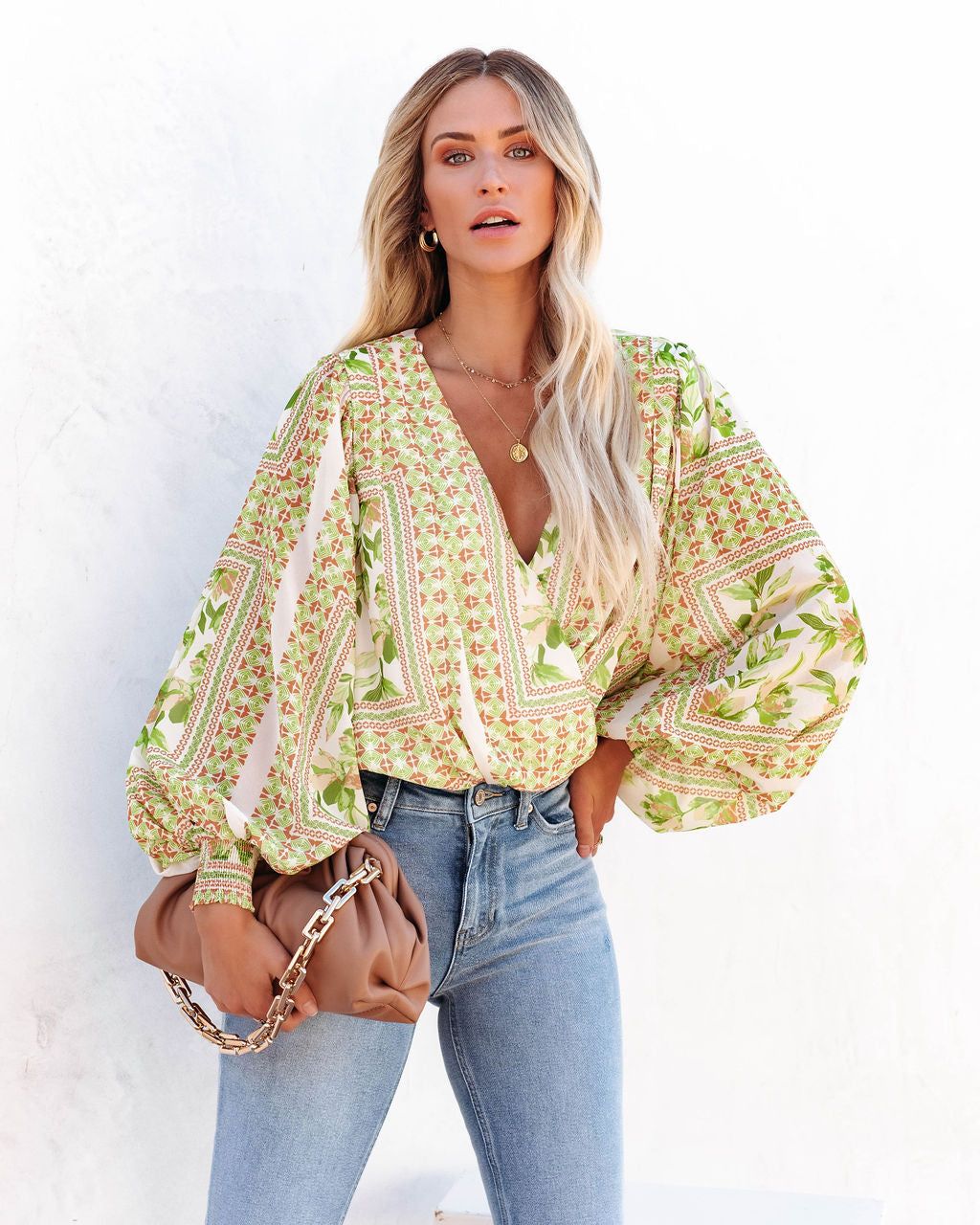 Dayana Printed Drape Bodysuit - Ivory Green - FINAL SALE sold by Vici product image thumbnail 8