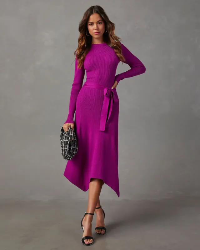 Lia Asymmetrical Hem Tie Waist Midi Sweater Dress - Orchid sold by Vici