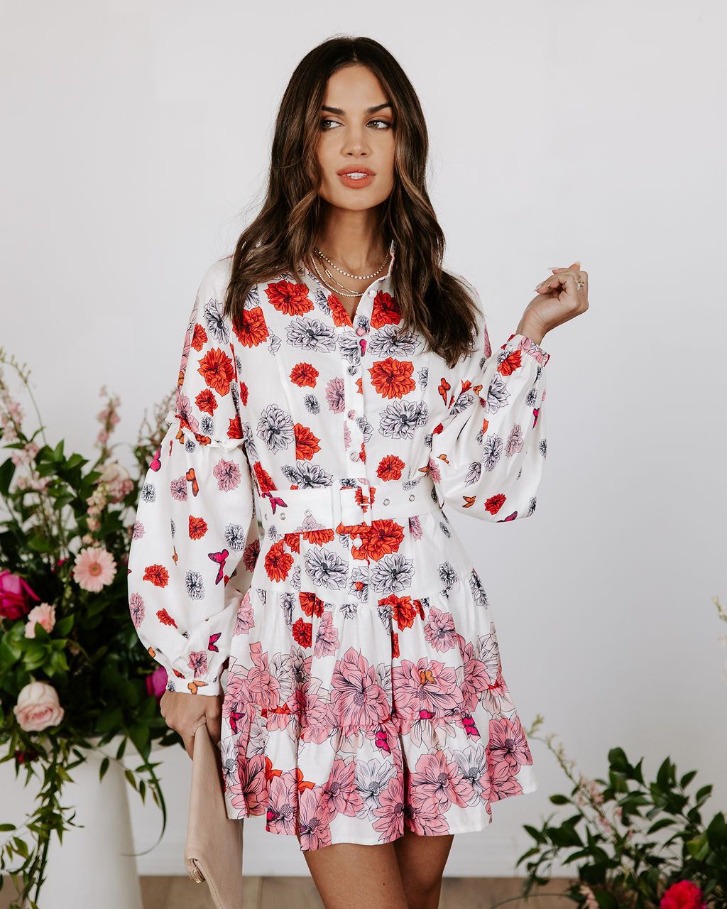 Katherine Floral Belted Tiered Mini Dress sold by Vici
