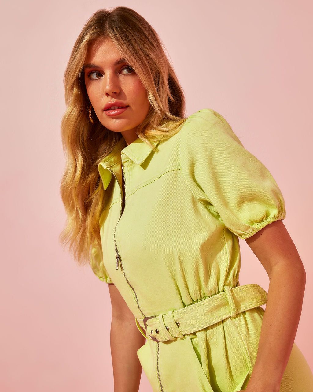 Nylah Cotton Puff Sleeve Pocketed Belted Mini Dress - Lime - FINAL SALE sold by Vici product image thumbnail 7