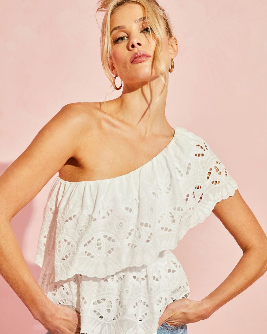 Casey Cotton Eyelet One Shoulder Top - White - FINAL SALE sold by Vici product image thumbnail 6