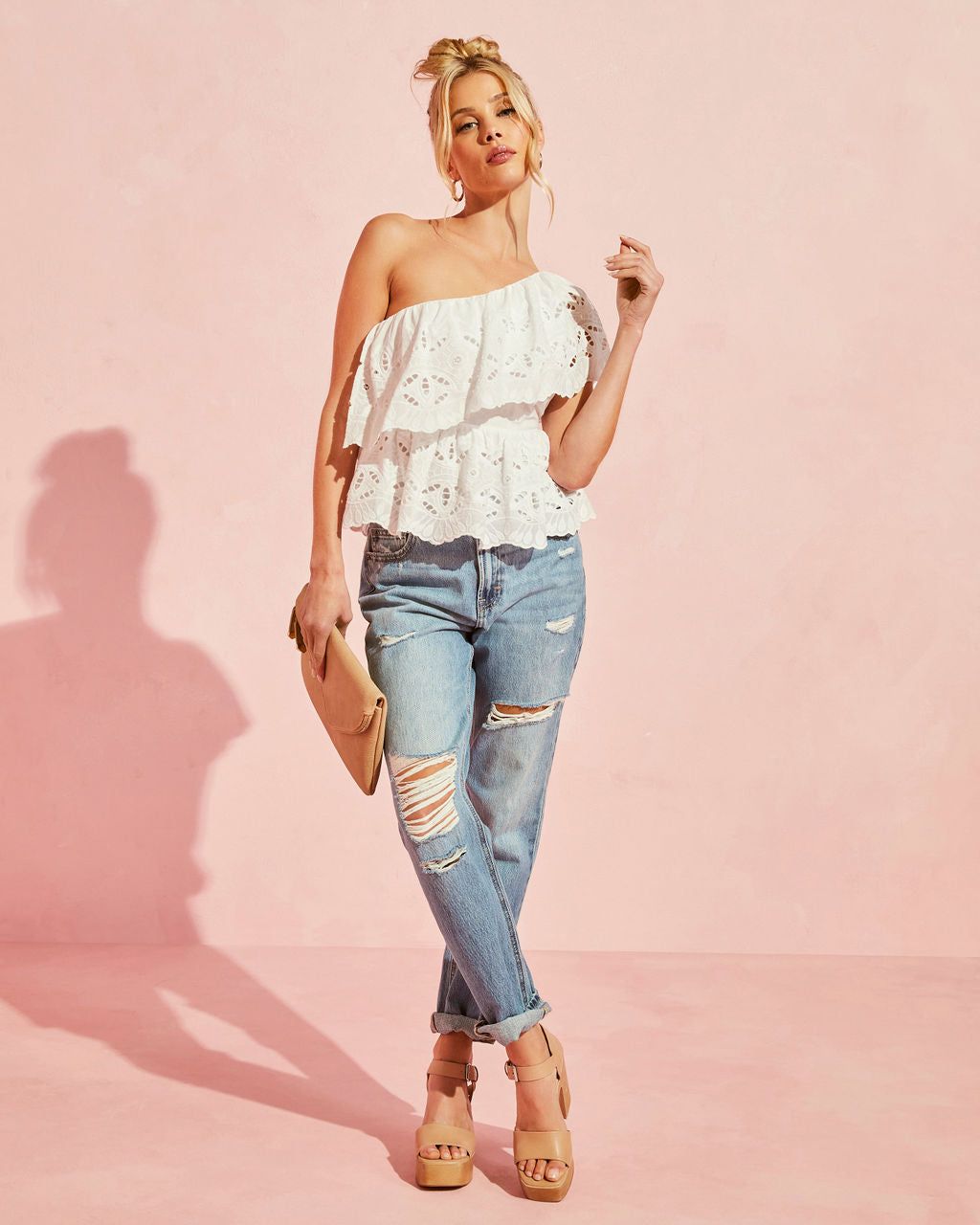 Casey Cotton Eyelet One Shoulder Top - White - FINAL SALE sold by Vici product image thumbnail 4