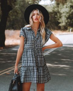 Dooley Plaid Button Down Babydoll Dress - FINAL SALE sold by Vici