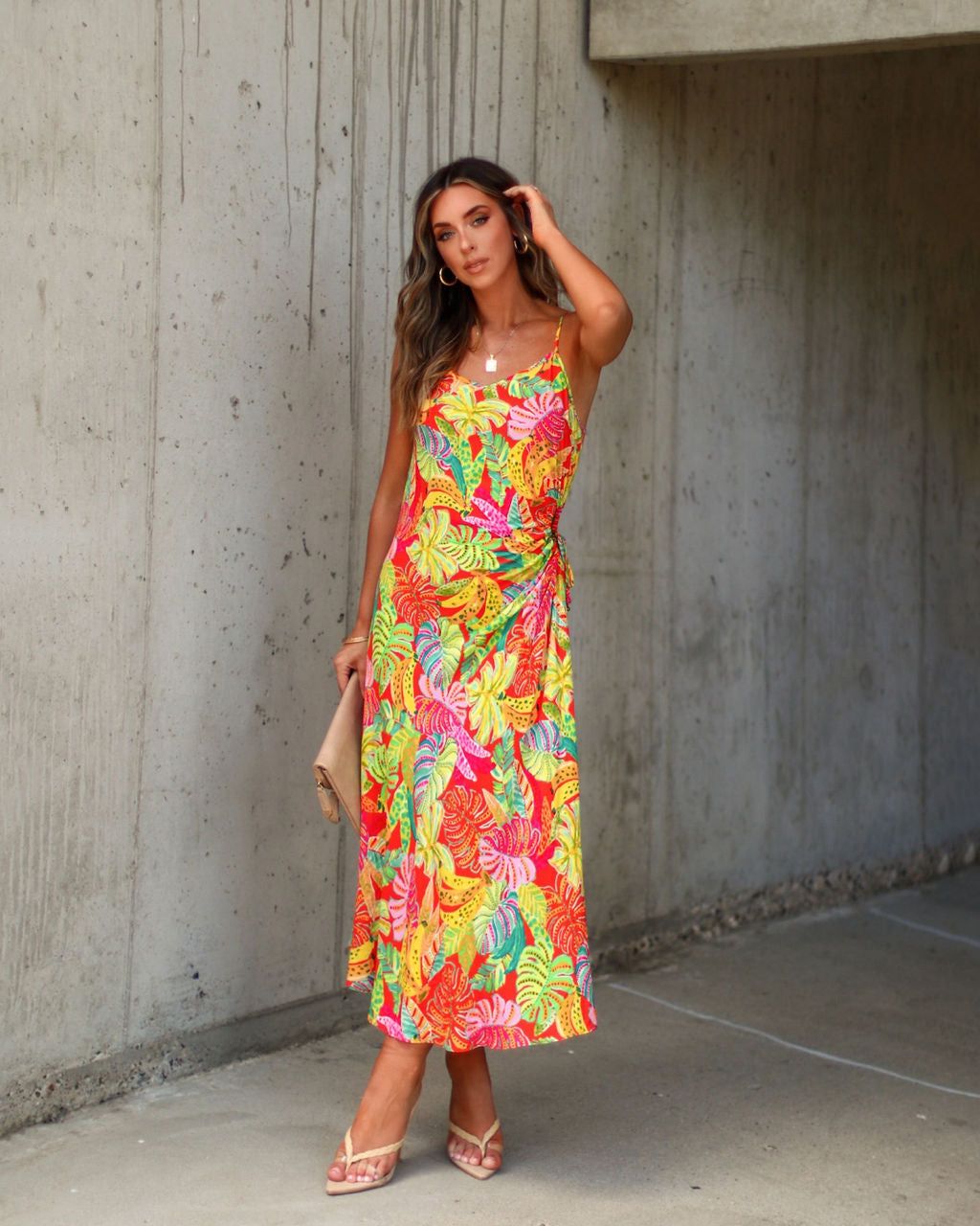 Eliana Cutout Tropical Slip Midi Dress - Orange/ Multi - FINAL SALE sold by Vici