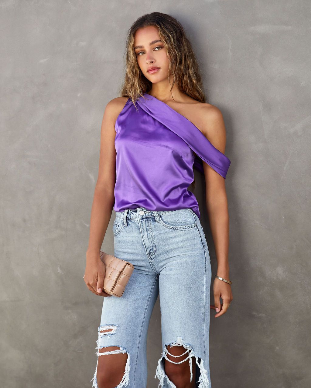 Simple Elegance Satin Off The Shoulder Top sold by Vici