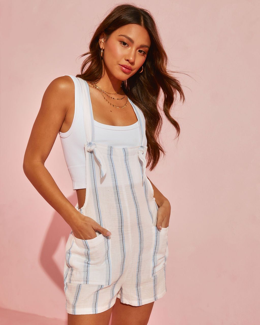 Shore Living Cotton Striped Pocketed Short Overalls - Blue - FINAL SALE sold by Vici product image thumbnail 6