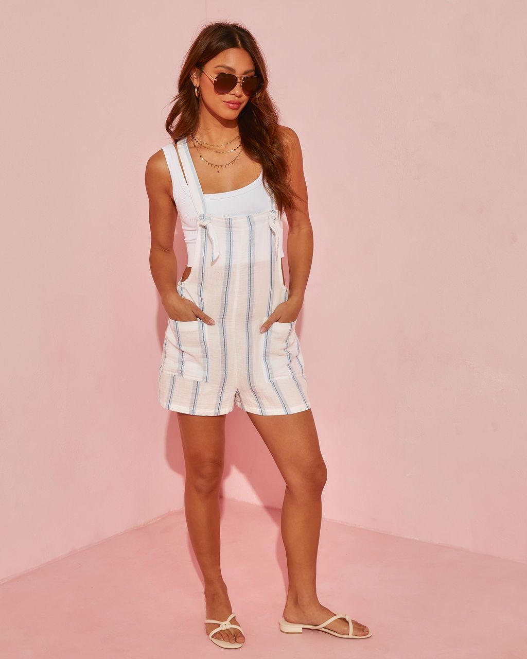 Shore Living Cotton Striped Pocketed Short Overalls - Blue - FINAL SALE sold by Vici product image thumbnail 5