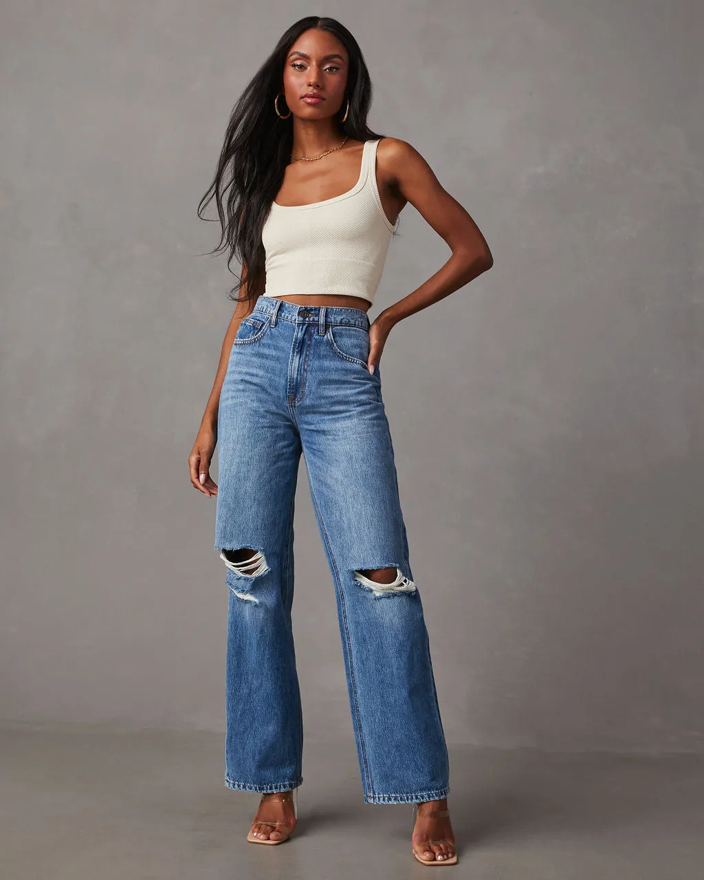 Janae Distressed High Rise Straight Jeans sold by Vici