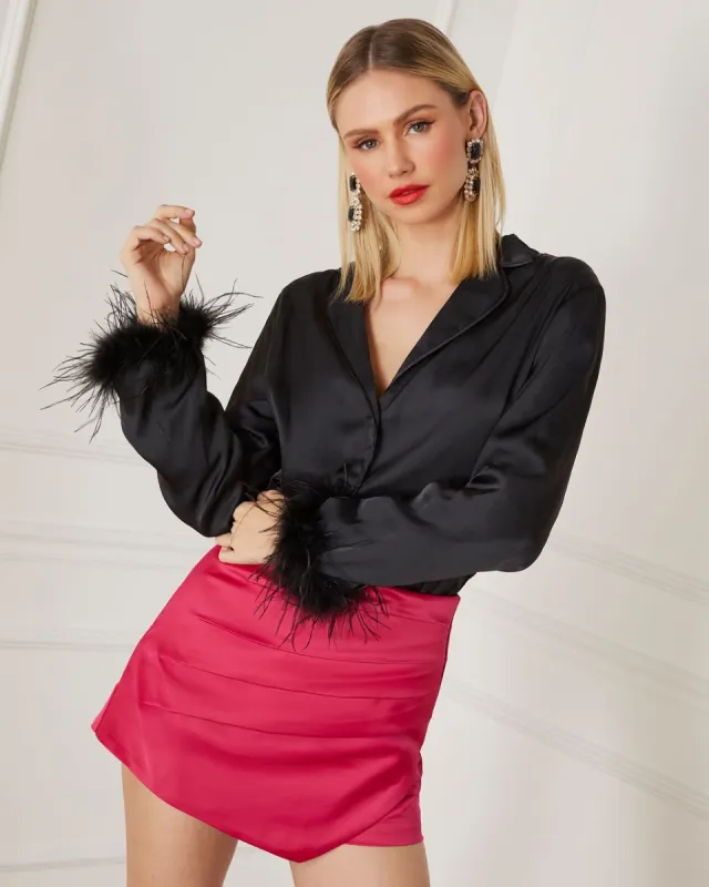Marilynn Satin Feather Trim Button Down Top sold by Vici