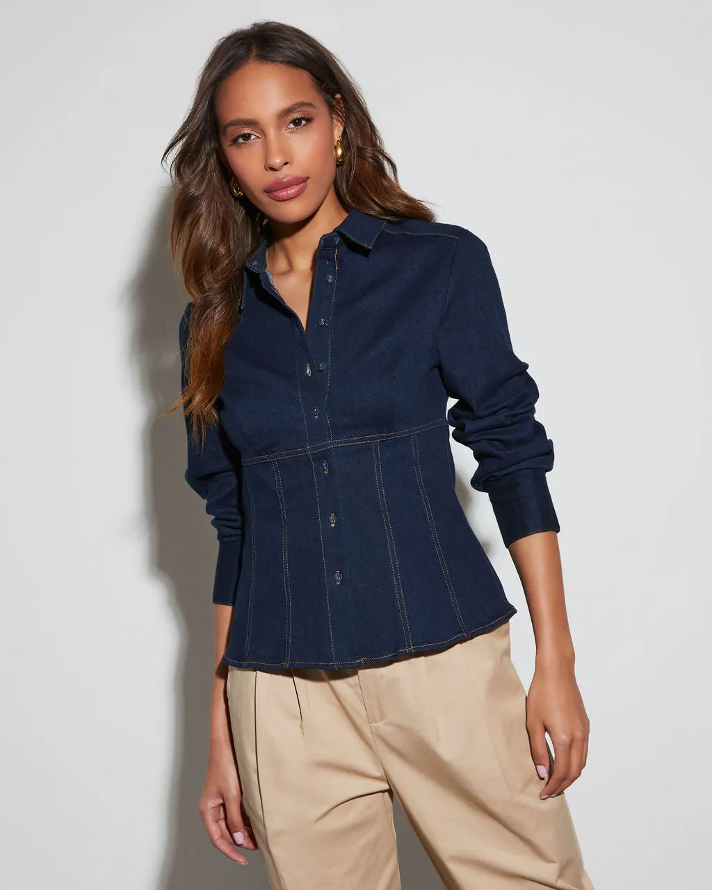 Indigo Denim Long Sleeve Button Down Top sold by Vici