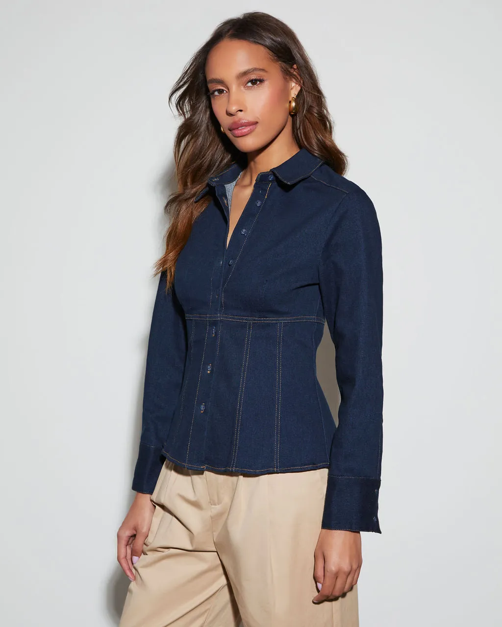Indigo Denim Long Sleeve Button Down Top sold by Vici product image thumbnail 4