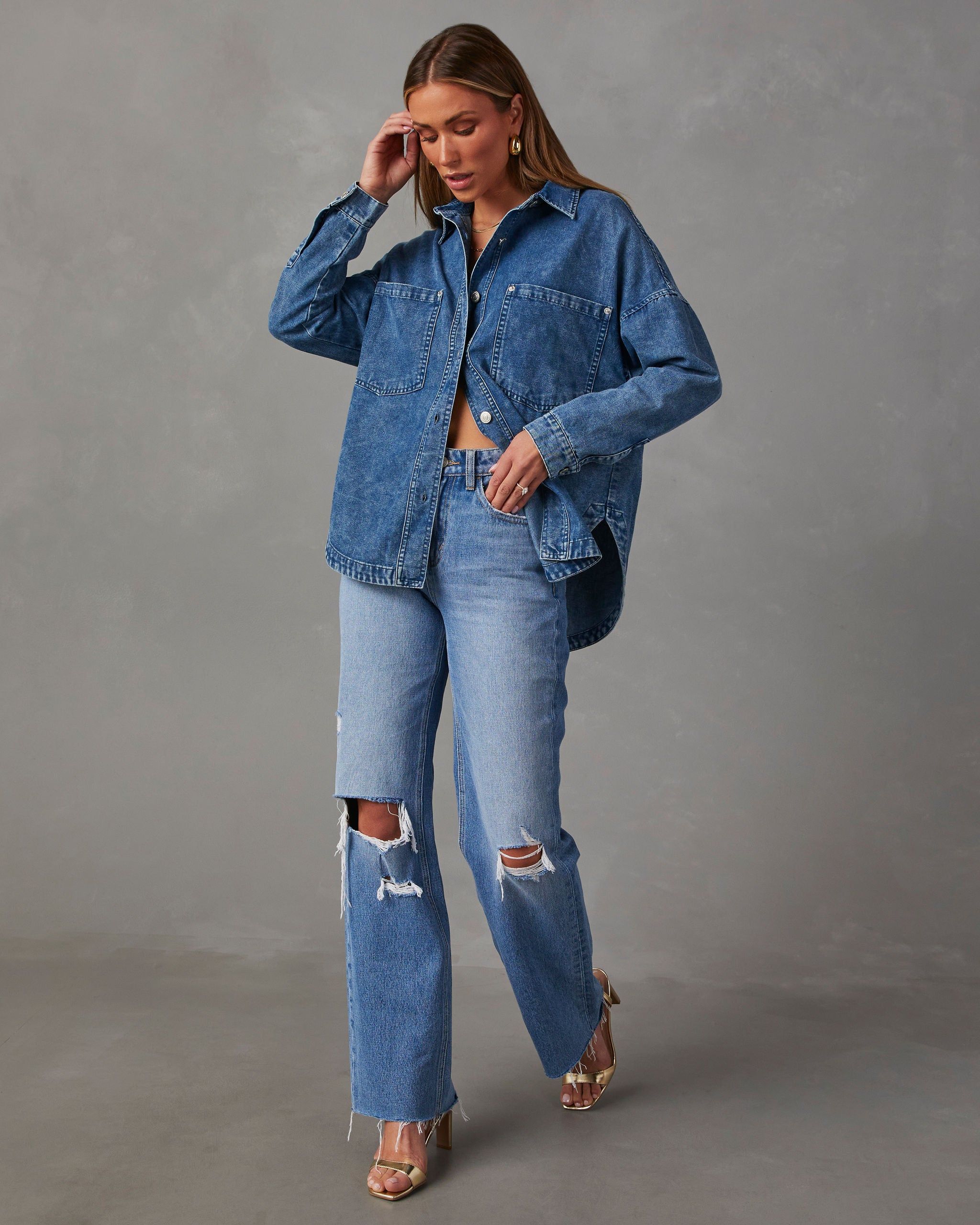 Boardwalk Cotton Blend Vintage Button Down Top - Medium Wash sold by Vici product image thumbnail 3