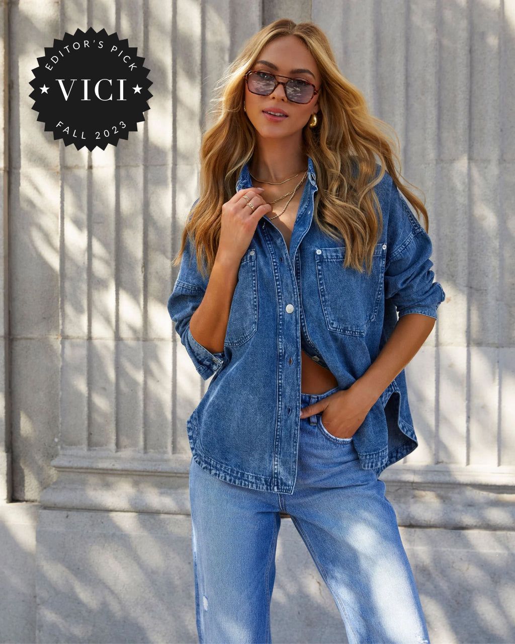 Boardwalk Cotton Blend Vintage Button Down Top - Medium Wash sold by Vici