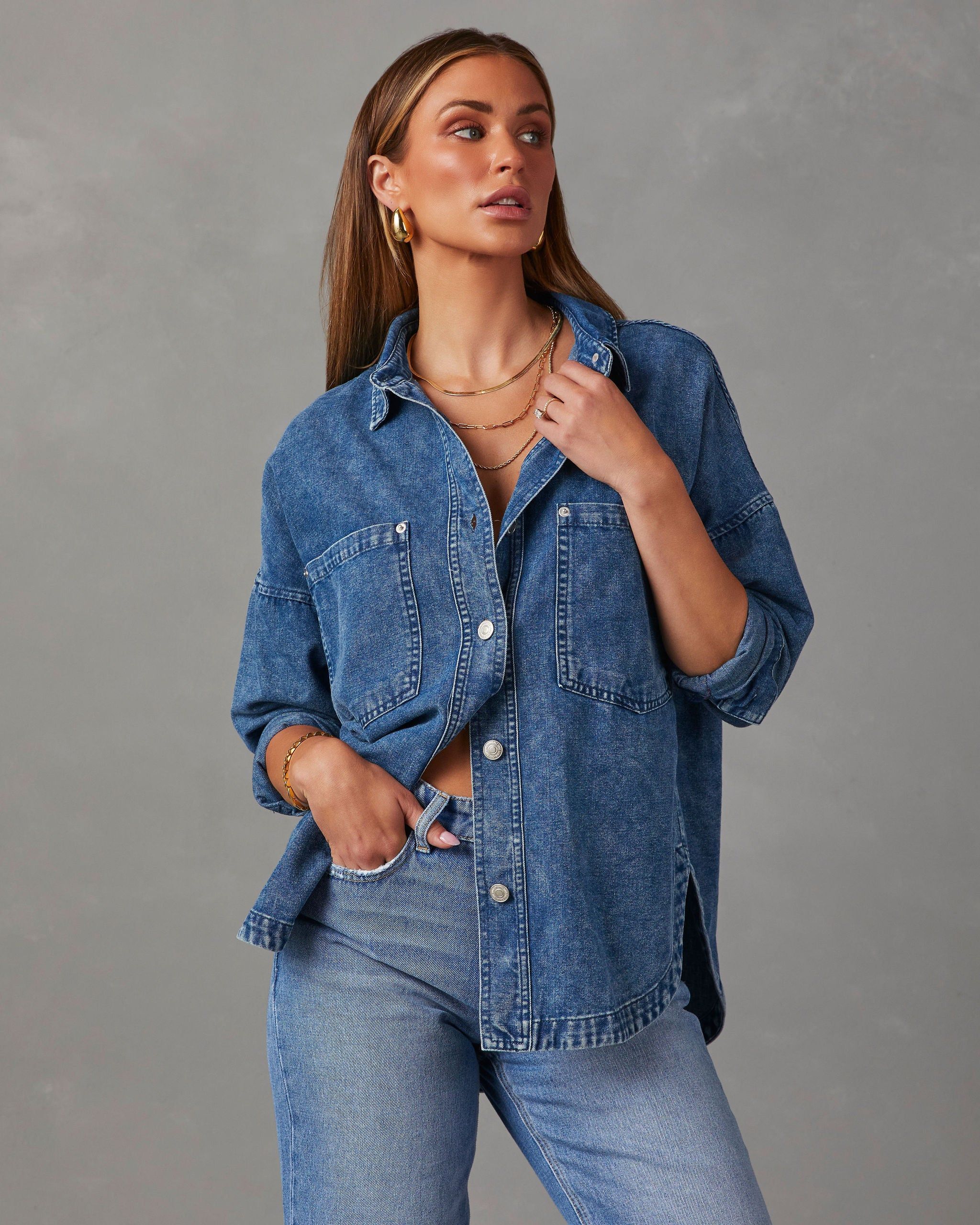 Boardwalk Cotton Blend Vintage Button Down Top - Medium Wash sold by Vici product image thumbnail 5