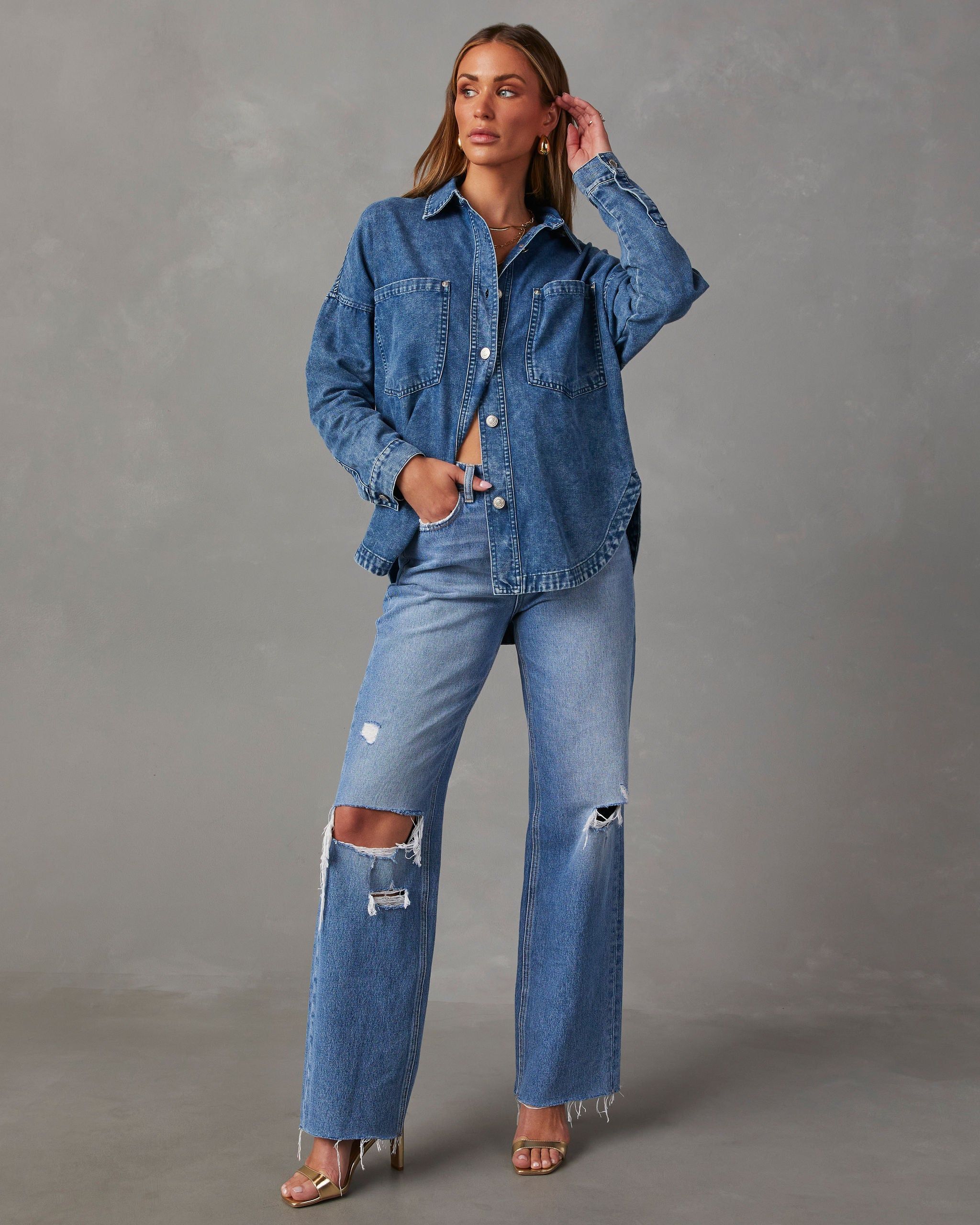 Boardwalk Cotton Blend Vintage Button Down Top - Medium Wash sold by Vici product image thumbnail 6