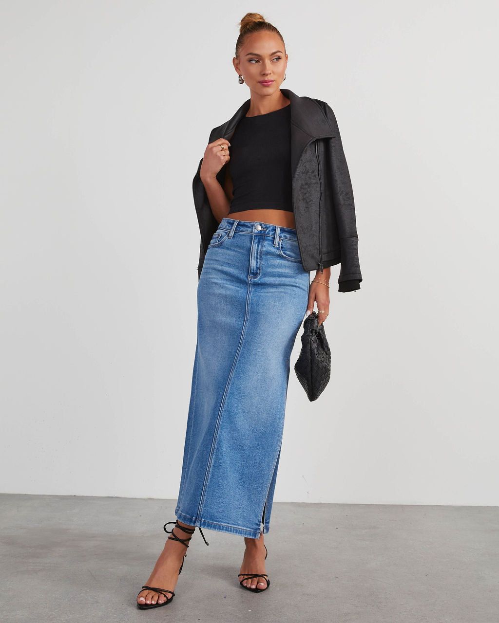 VICI Chic Side Slit Denim Midi Skirt - Light Wash sold by Vici