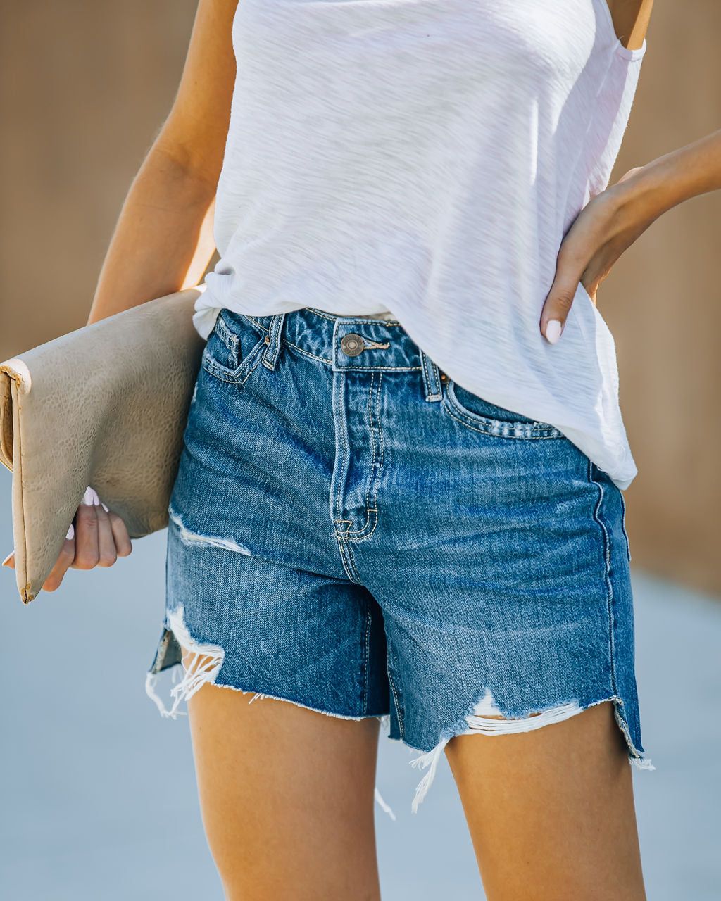 Shira High Rise Distressed Denim Mom Shorts - FINAL SALE sold by Vici product image thumbnail 8