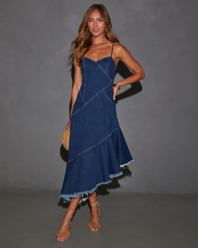 Perry Asymmetrical Raw Hem Denim Midi Dress sold by Vici