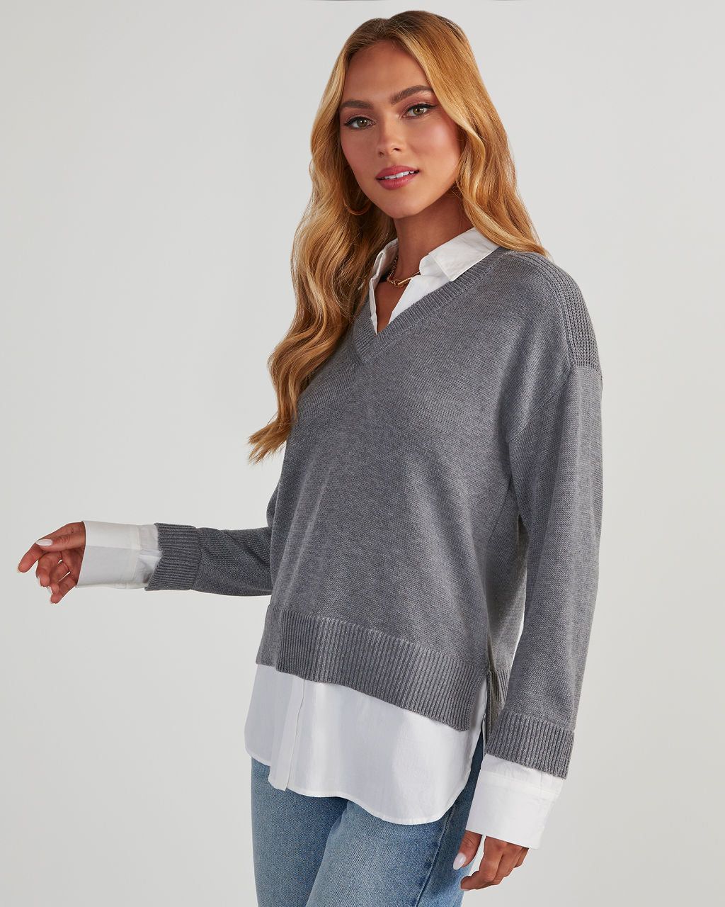 Xira Poplin Contrast Pullover Sweater - Grey/White sold by Vici product image thumbnail 3