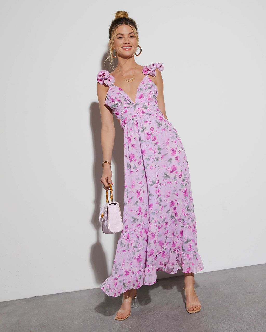 Polly V-Neck Floral Ruffle Maxi Dress sold by Vici