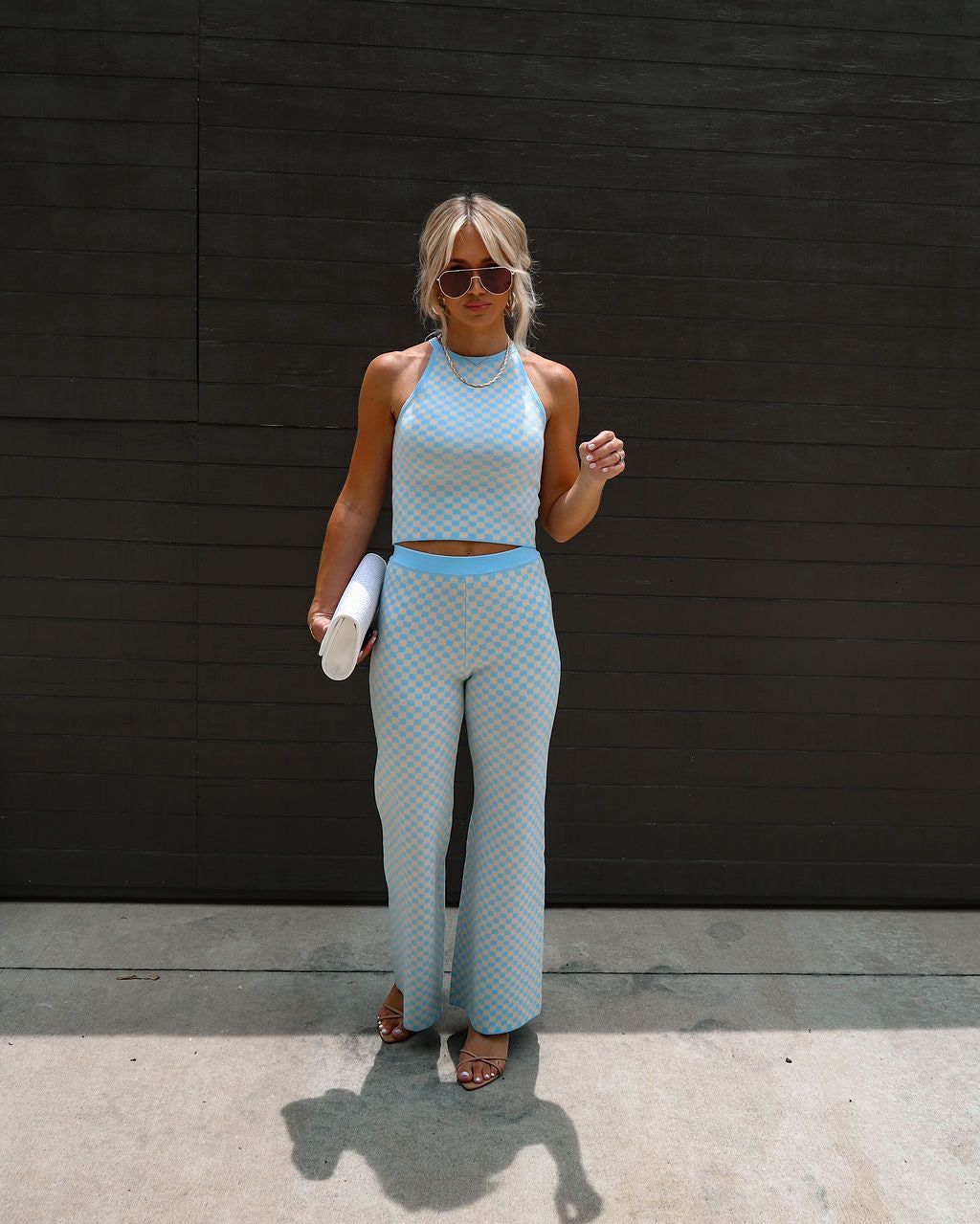 Carefree Halter Knit Crop Top - Checkered Blue - SALE sold by Vici product image thumbnail 6