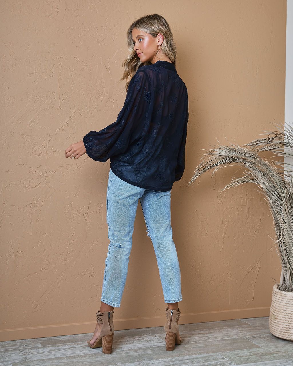 Promise For Life Floral Embroidered Open Front Tie Top - Navy - FINAL SALE sold by Vici product image thumbnail 4