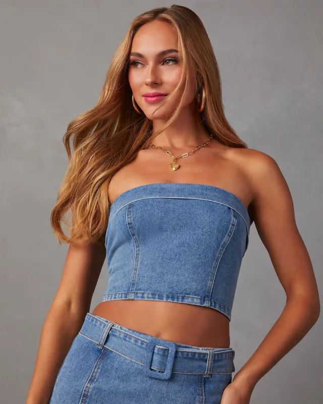 Marie Cropped Denim Tube Top sold by Vici