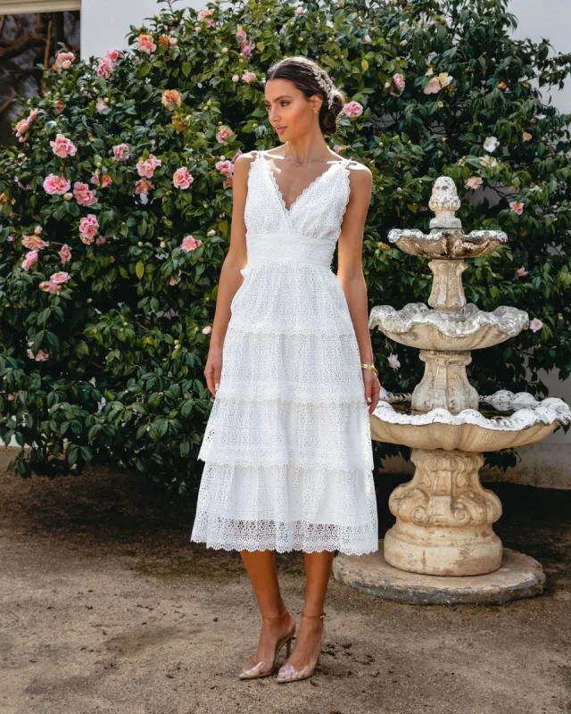 At Last Crochet Lace Tiered Midi Dress - White - FINAL SALE sold by Vici