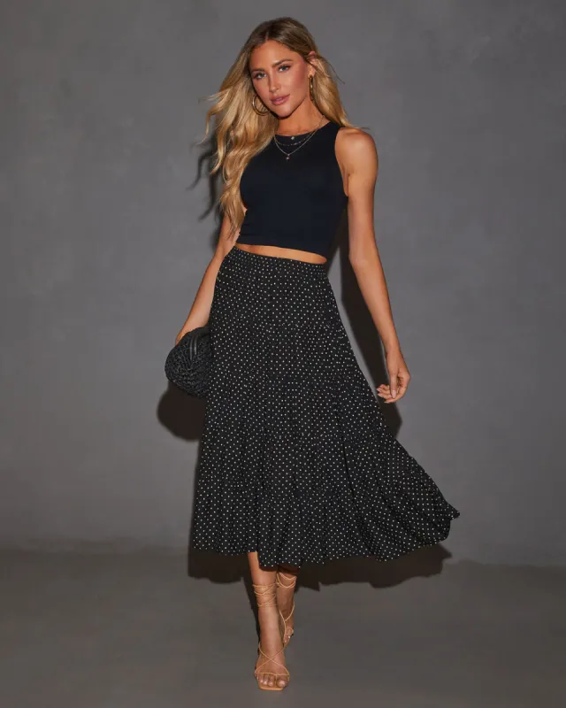 Quinley Tiered Polka Dot Midi Skirt sold by Vici