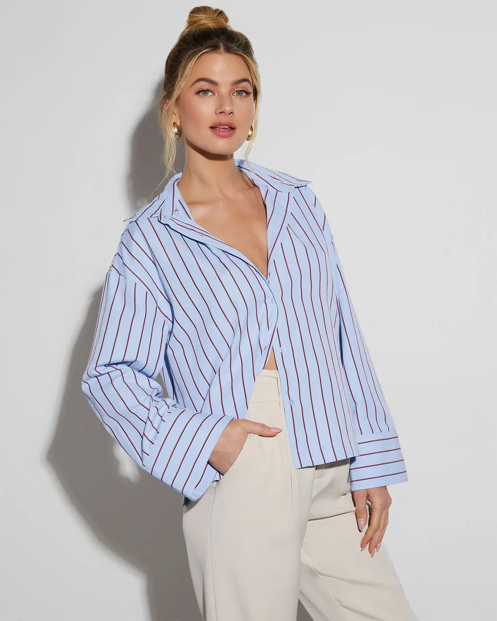 Destinee Poplin Button Down Crop Top sold by Vici product image thumbnail 3