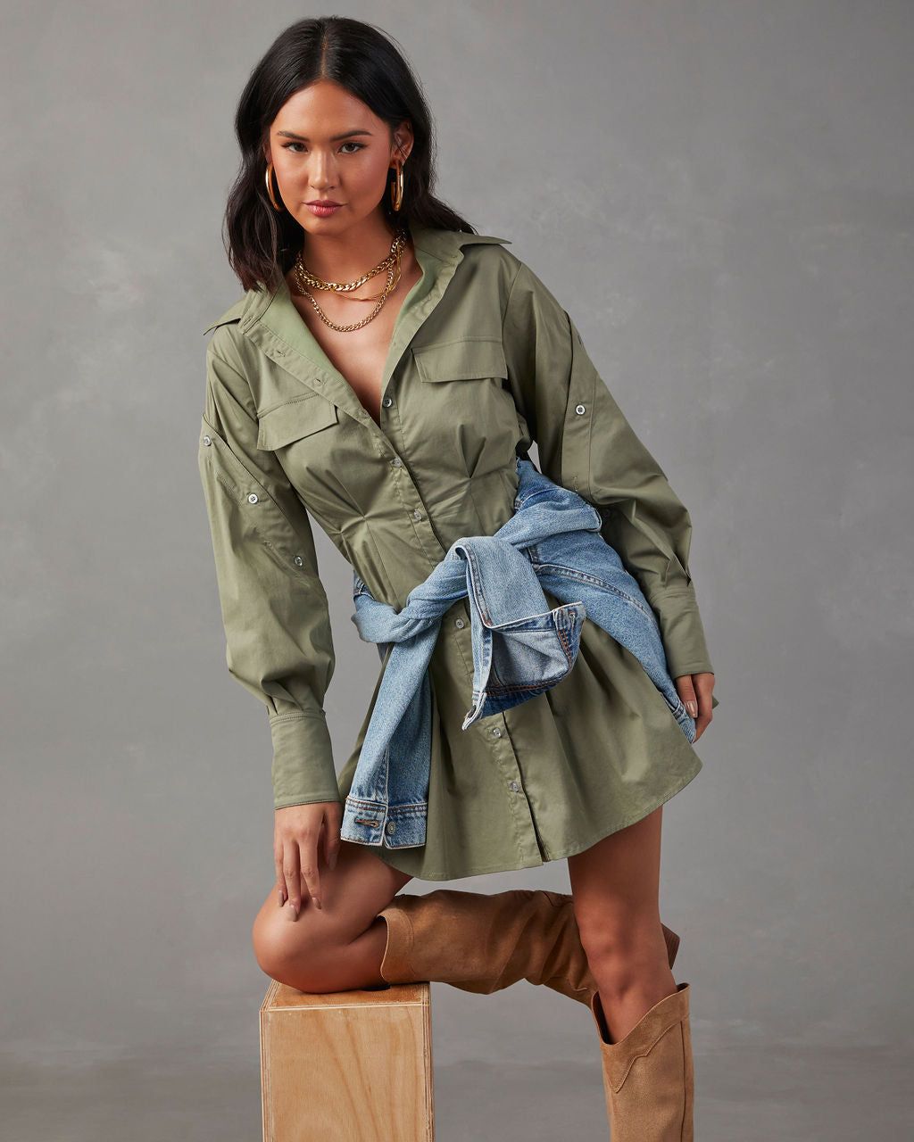 Emille Button Down Mini Dress - Olive sold by Vici product image thumbnail 6
