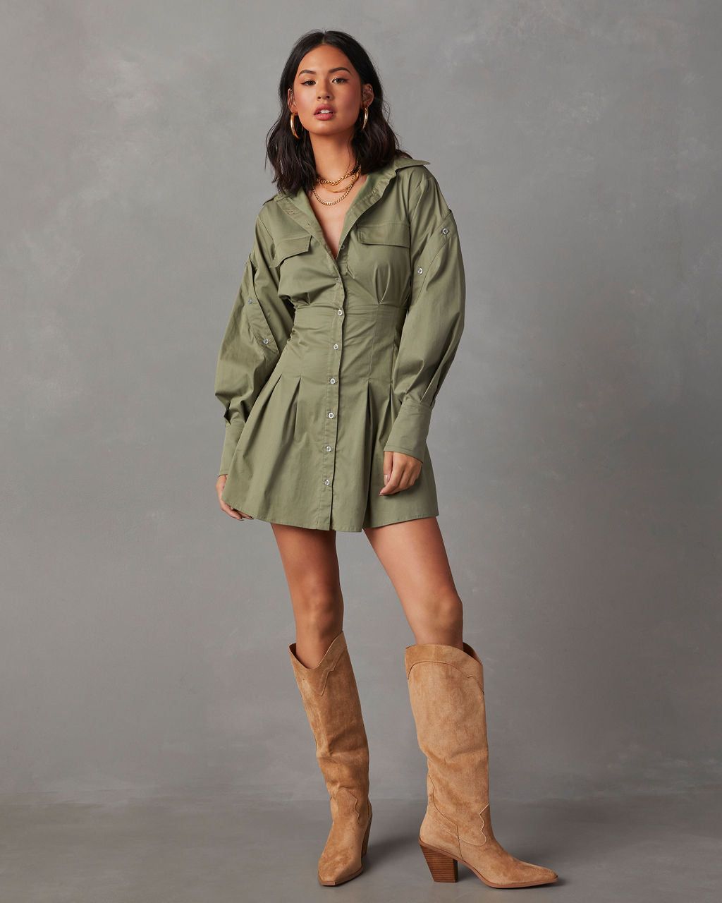 Emille Button Down Mini Dress - Olive sold by Vici