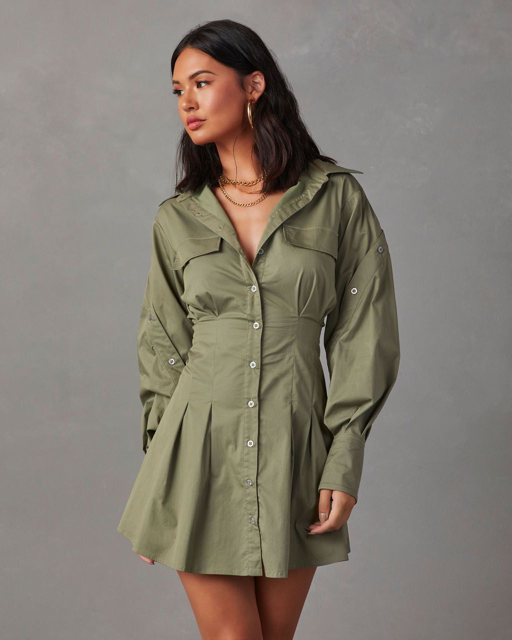 Emille Button Down Mini Dress - Olive sold by Vici product image thumbnail 3