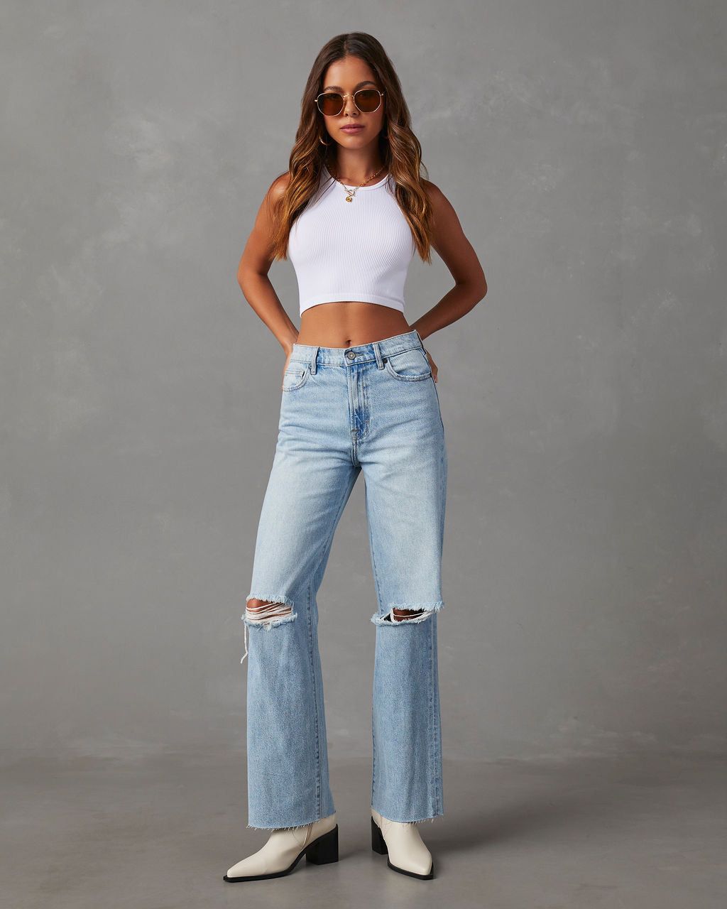 Quinn Distressed High Rise Straight Jeans sold by Vici