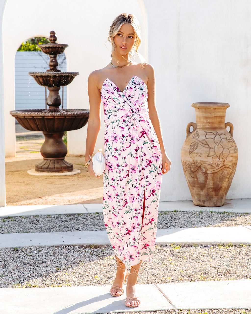 Talk About It Floral Satin Strapless Midi Dress sold by Vici