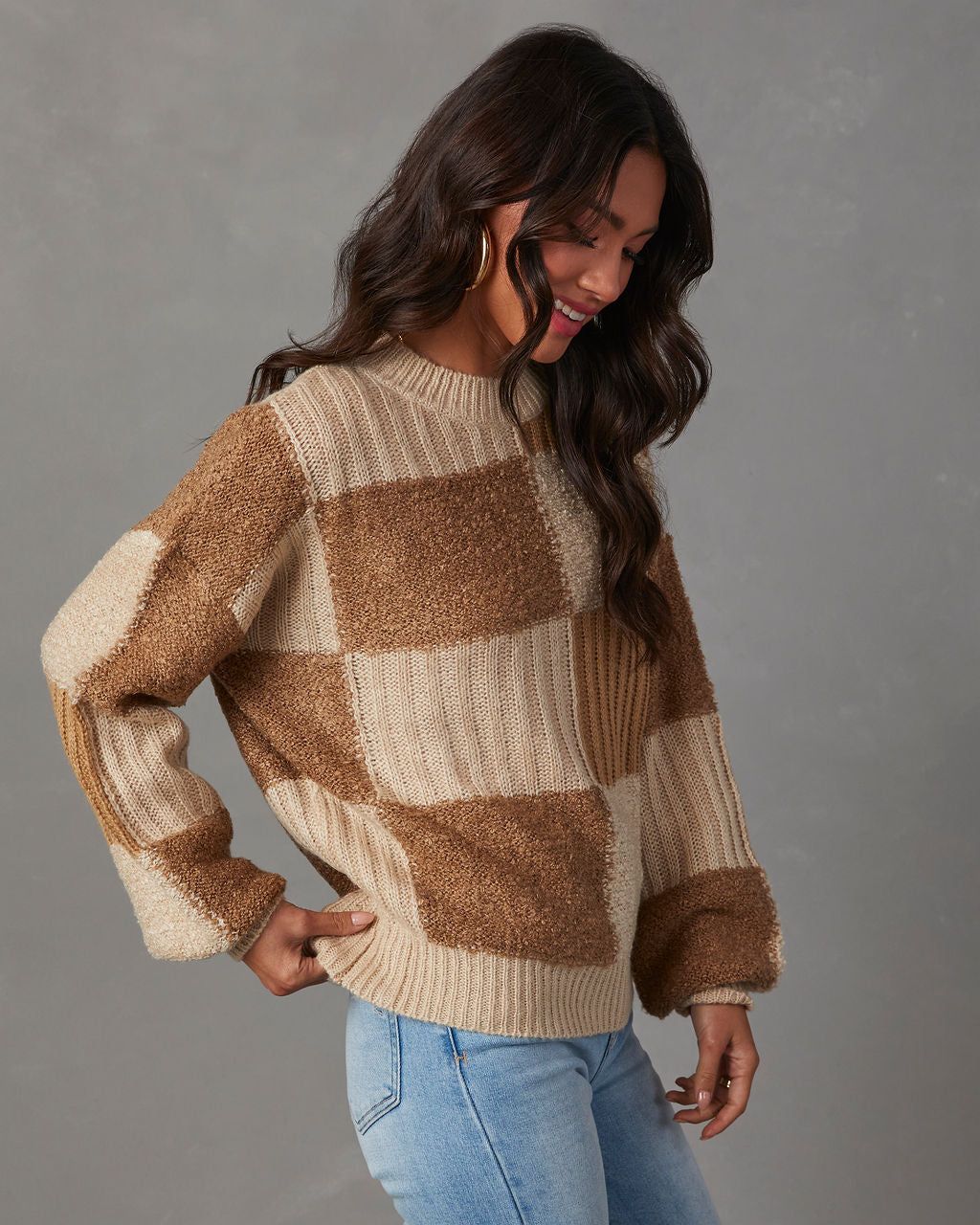Truffle Tones Checkered Knit Sweater - Taupe/Mocha sold by Vici product image thumbnail 3