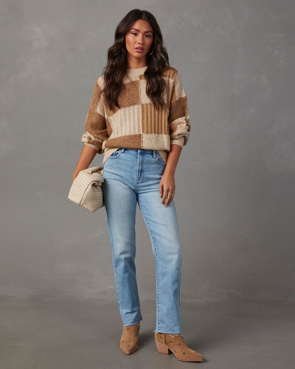 Truffle Tones Checkered Knit Sweater - Taupe/Mocha sold by Vici product image thumbnail 2