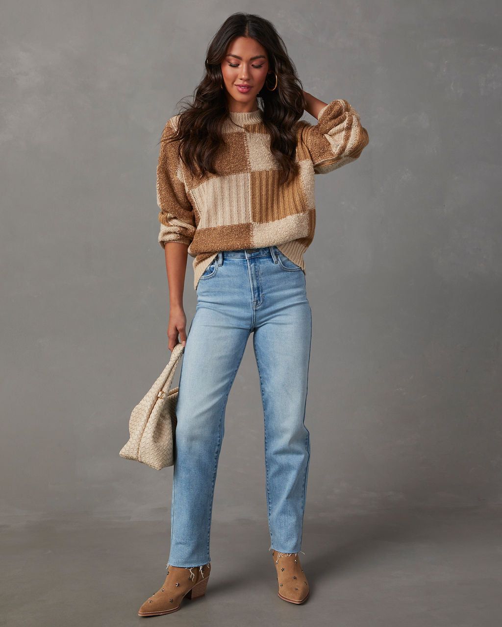 Truffle Tones Checkered Knit Sweater - Taupe/Mocha sold by Vici product image thumbnail 6