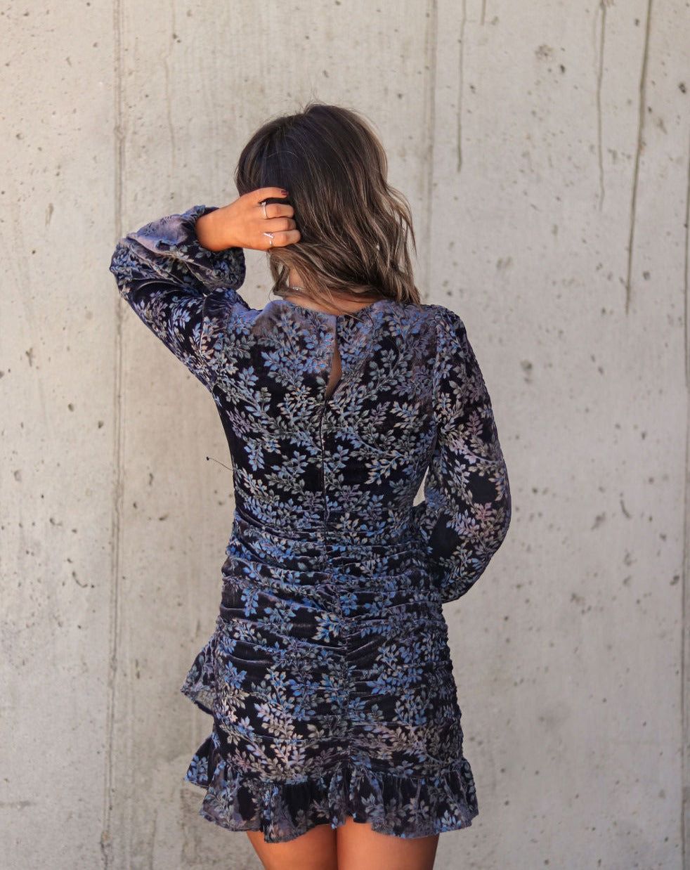 Fashionably A Vibe Ruched Ruffle Burnout Velvet Mini Dress sold by Vici product image thumbnail 4