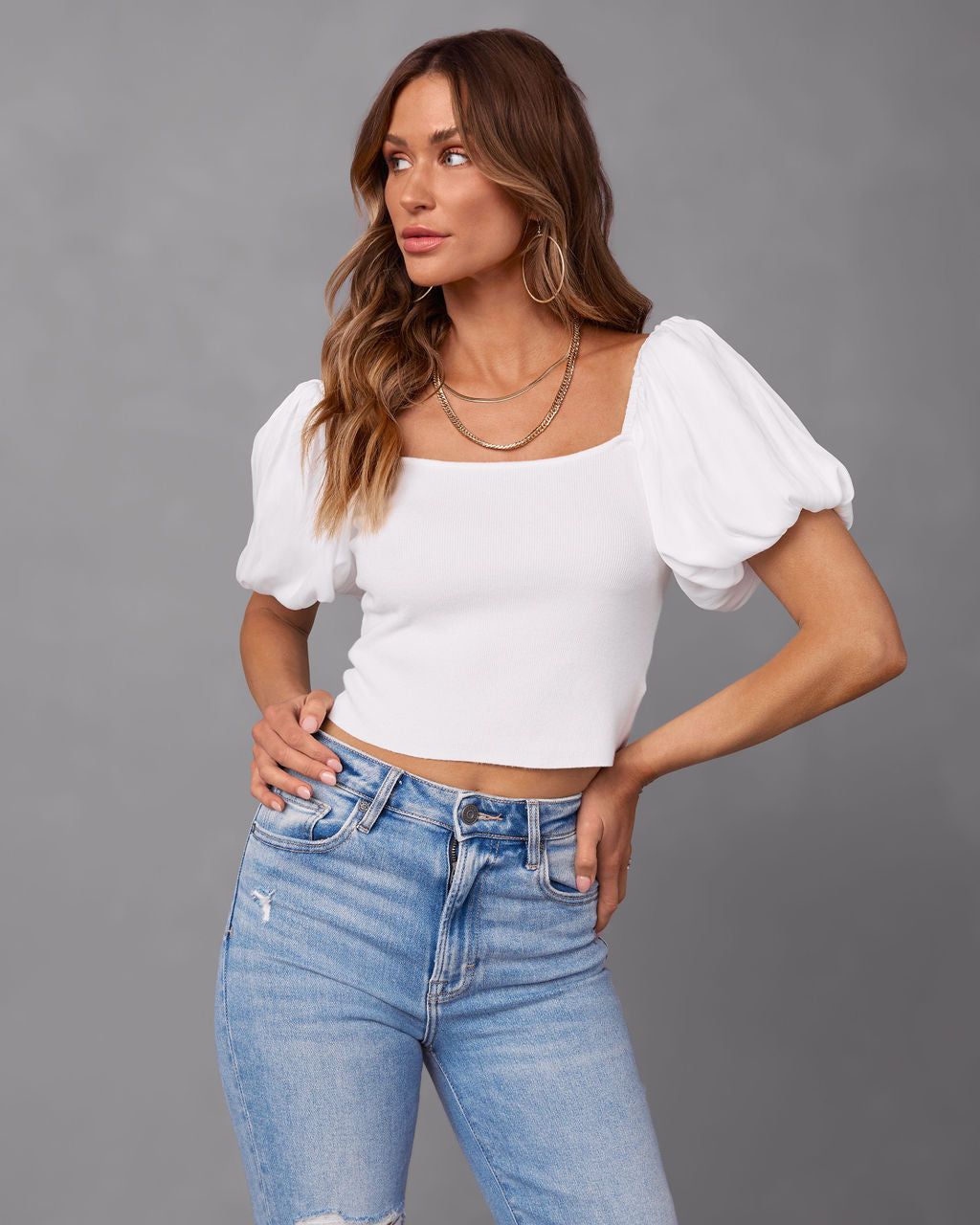 Candice Puff Sleeve Crop Top - White - FINAL SALE sold by Vici product image thumbnail 7