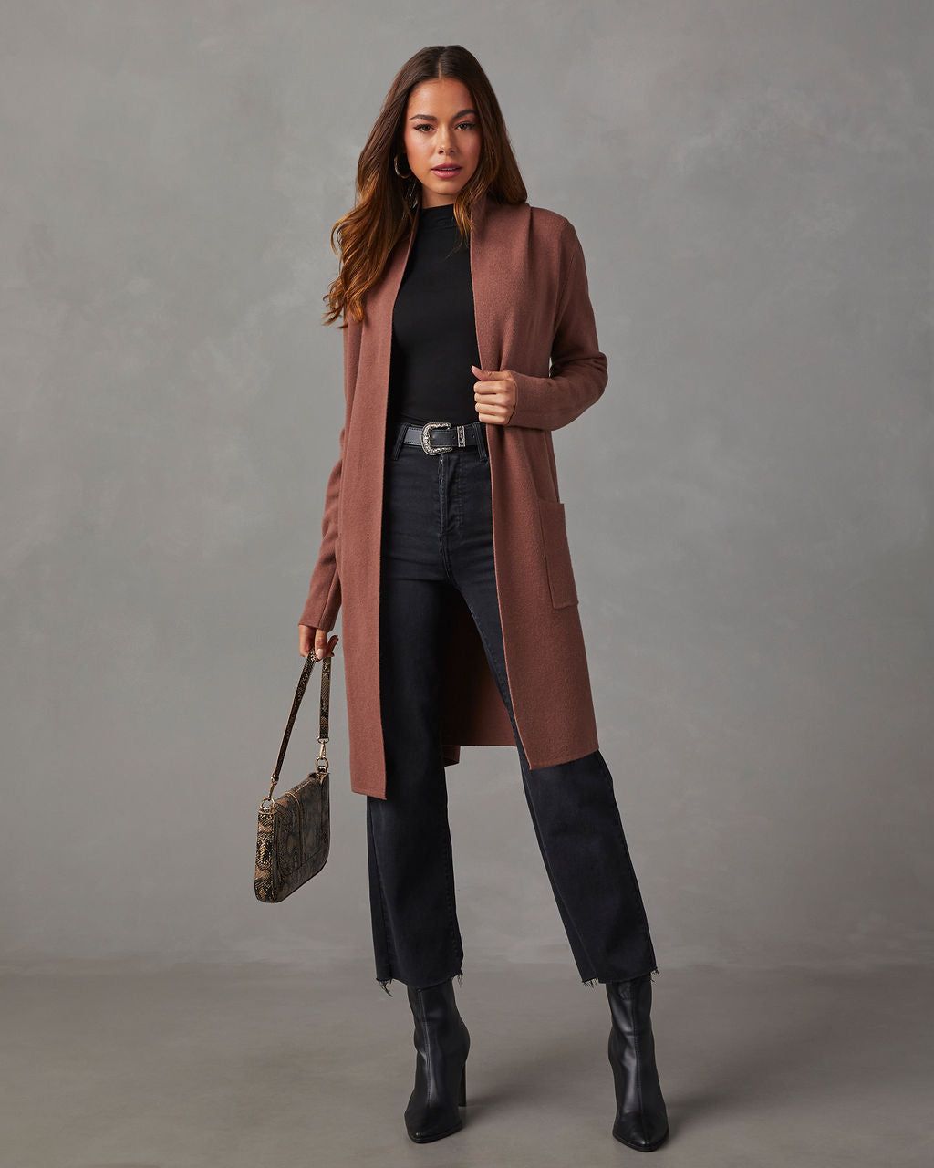 Kassie Pocketed Duster Cardigan - Brown sold by Vici