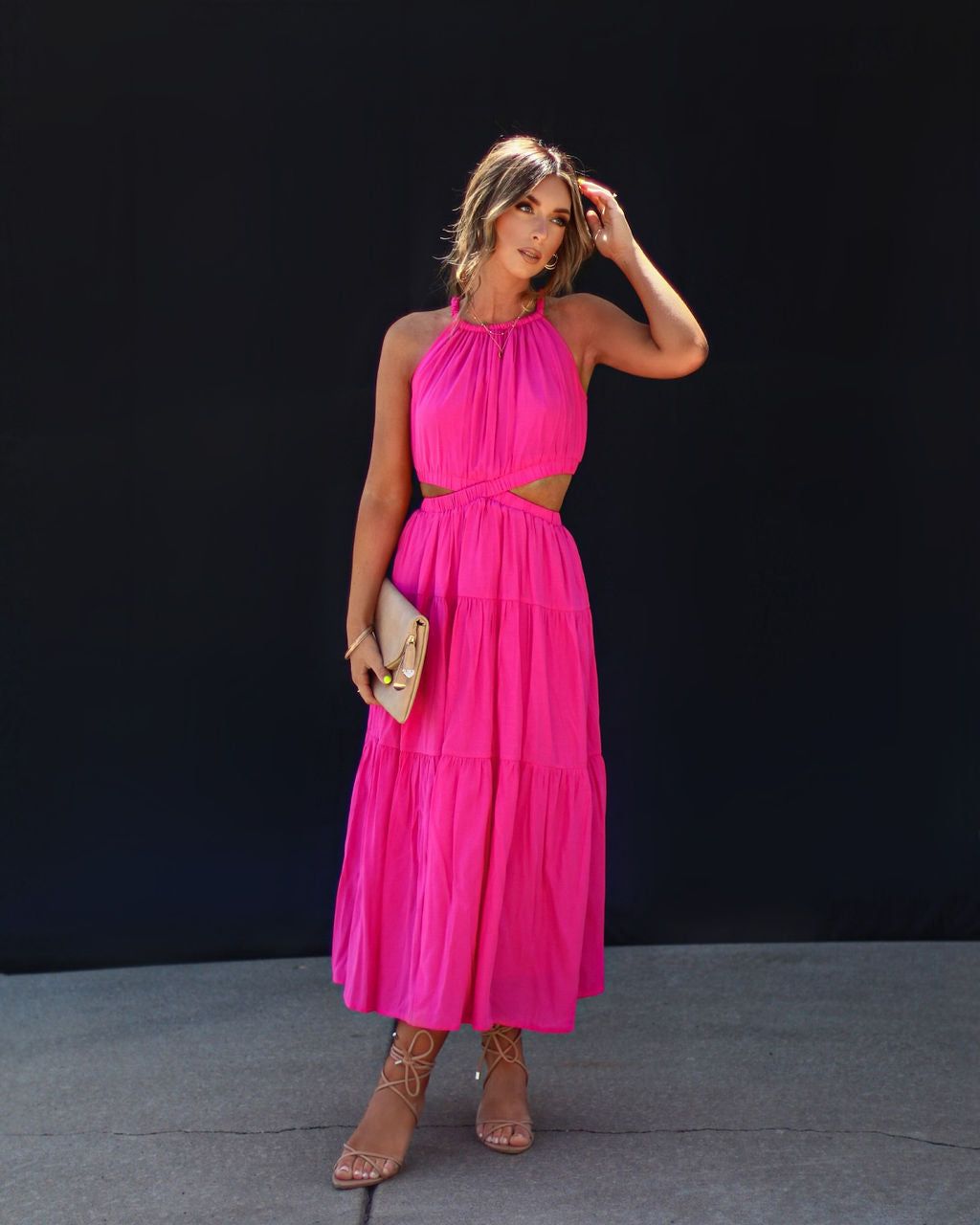 Scheena Cutout Tiered Midi Dress - Hot Pink - FINAL SALE sold by Vici product image thumbnail 6