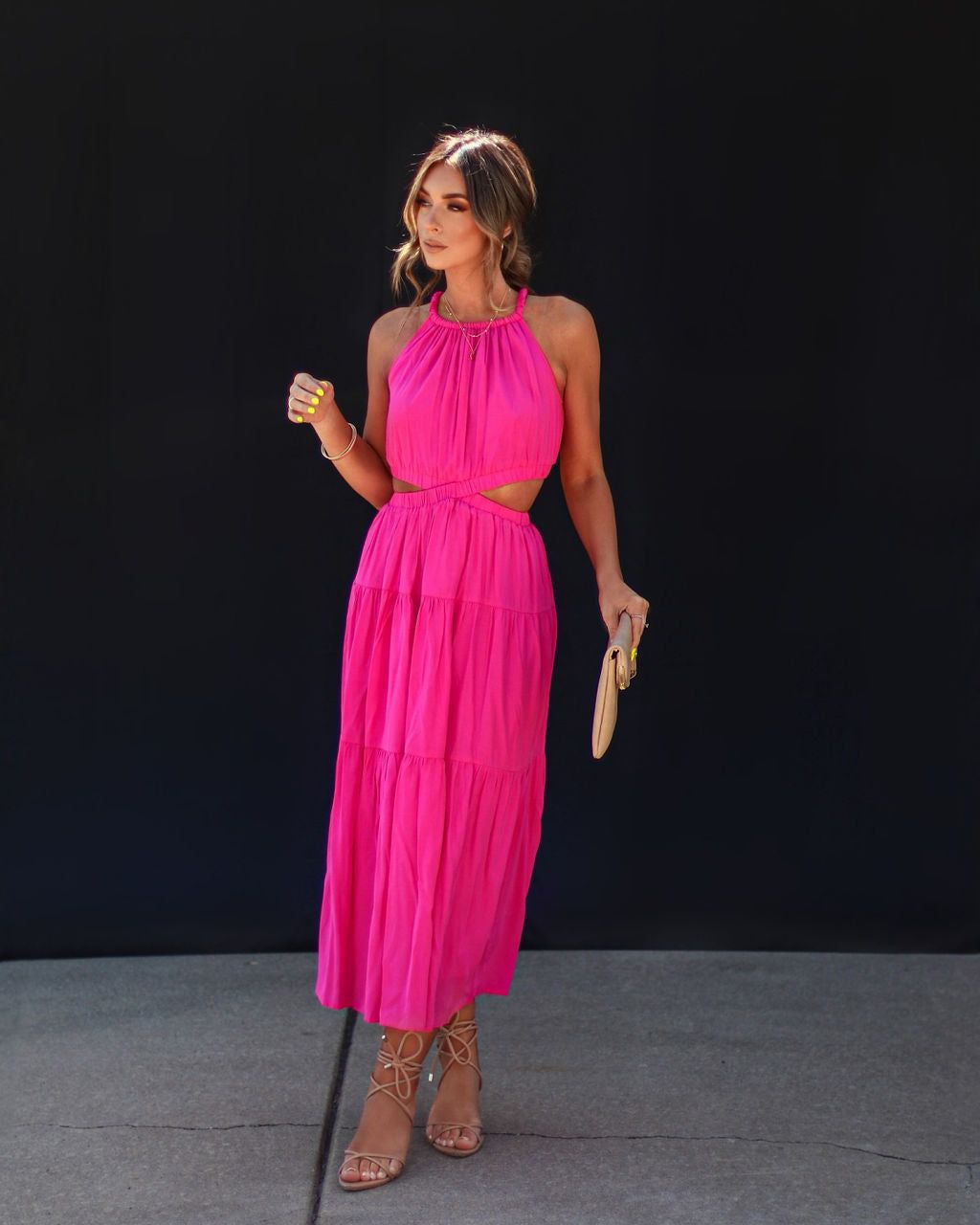 Scheena Cutout Tiered Midi Dress - Hot Pink - FINAL SALE sold by Vici
