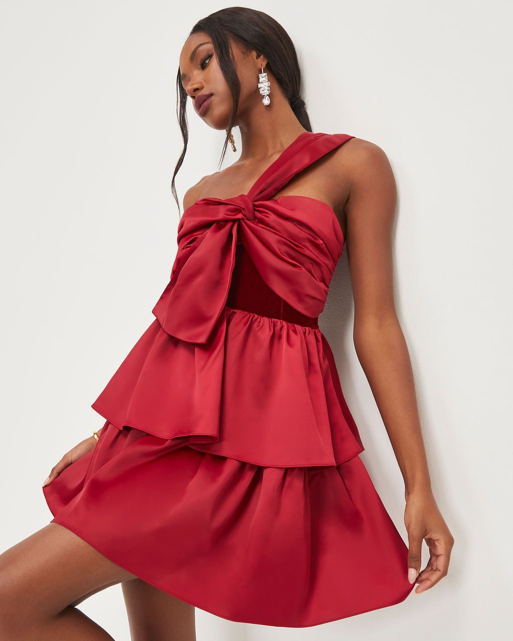 Such A Joy Satin Velvet One Shoulder Tiered Mini Dress - Wine - FINAL SALE sold by Vici product image thumbnail 2
