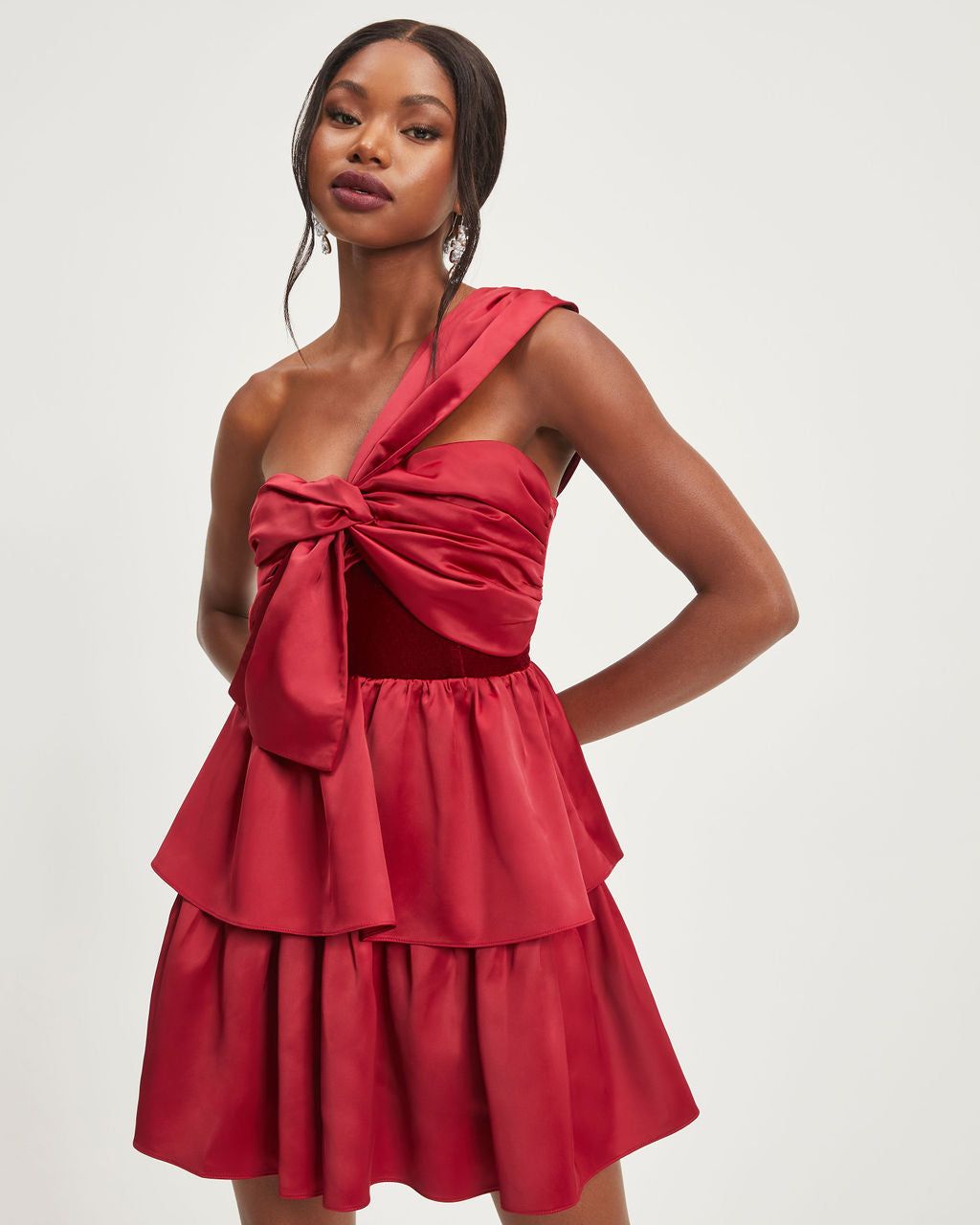 Such A Joy Satin Velvet One Shoulder Tiered Mini Dress - Wine - FINAL SALE sold by Vici product image thumbnail 4