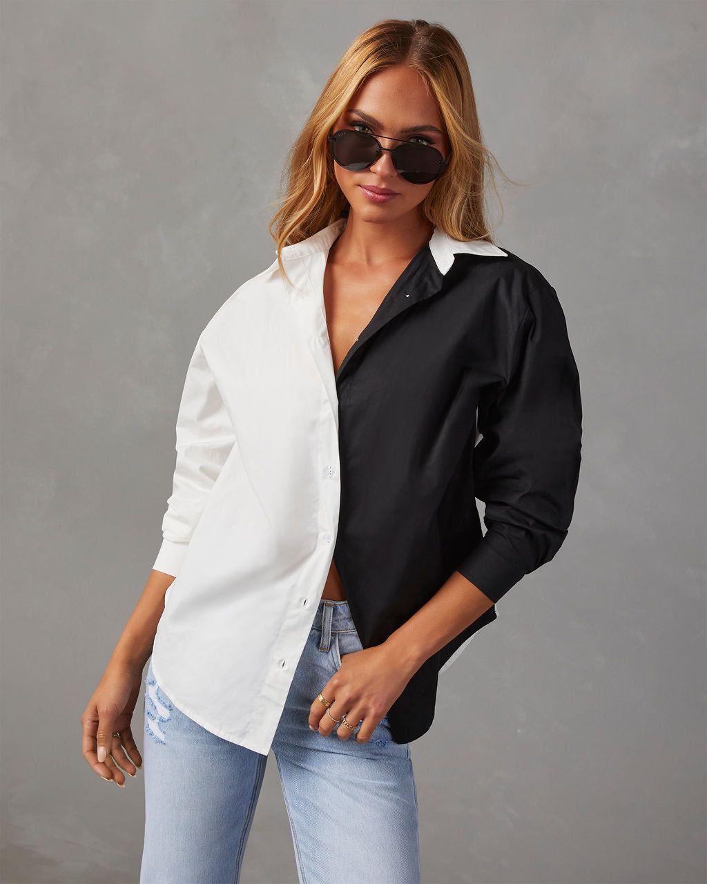 Gazette Colorblock Button Down Top - Black/White sold by Vici product image thumbnail 6