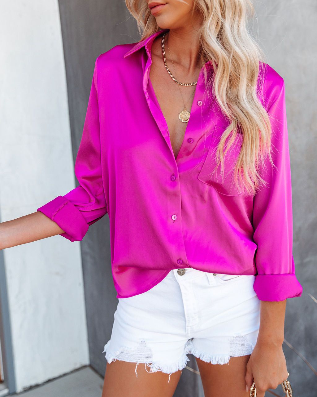 Margarita Satin Button Down Blouse - Hot Fuchsia - FINAL SALE sold by Vici product image thumbnail 3